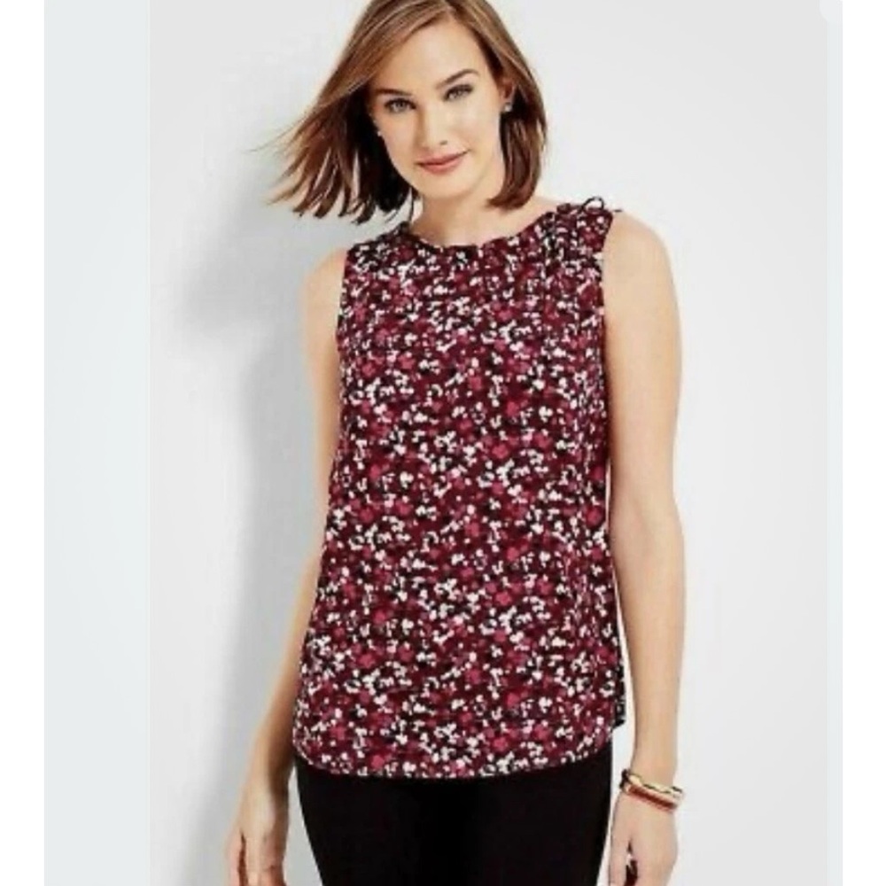 Talbots Sleeveless Top Confetti Print on Burgundy Tie Ruffle Neckline Size M